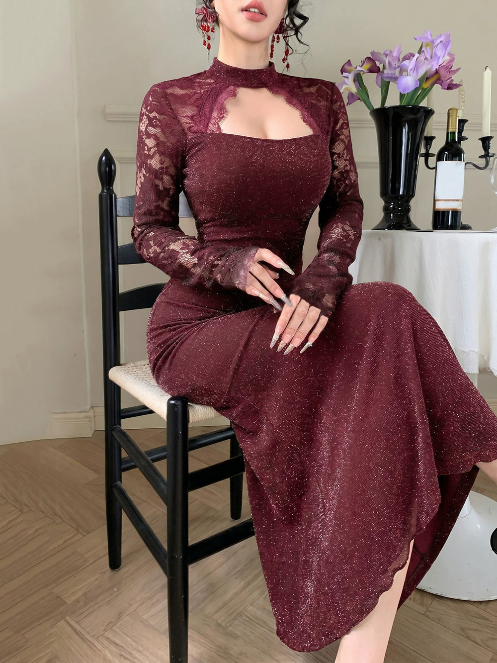 Zara Summer Lace Mesh Long Sleeve Bodycon Midi Dress